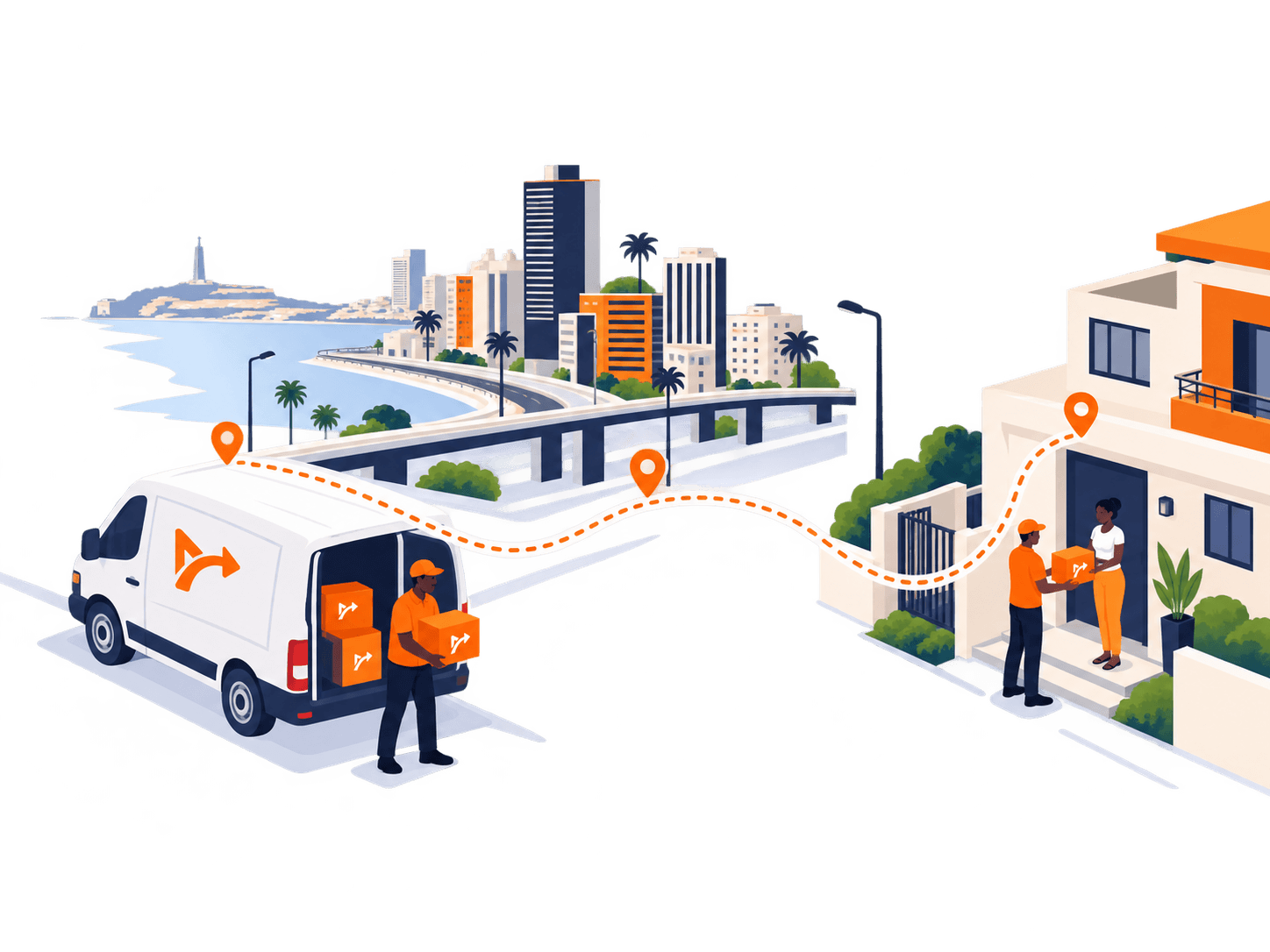 Ilustração de uma carrinha Muala a transportar encomendas entre a cidade e uma residência em Angola